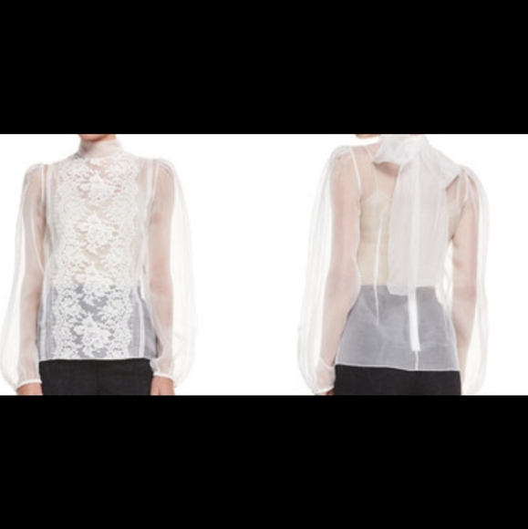 Dolce & Gabbana Long Sleeve Sheer Blouse Wlace Trim Natural White, Size 12 - Picture 1 of 16